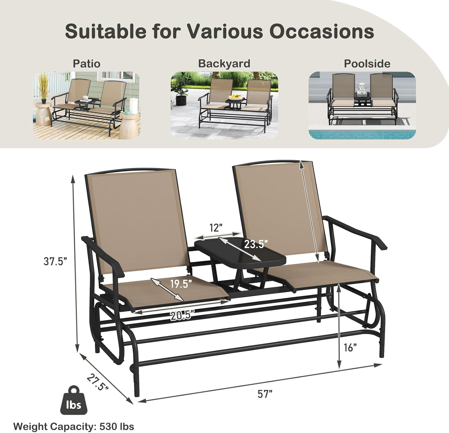 Tangkula 2 Person Swing Glider Chair, Patio Rocking Loveseat w/Center Tempered Glass Table, Outdoor Swing Bench w/Steel Frame & Breathable Mesh Fabric for Porch, Balcony, Poolside (Beige)