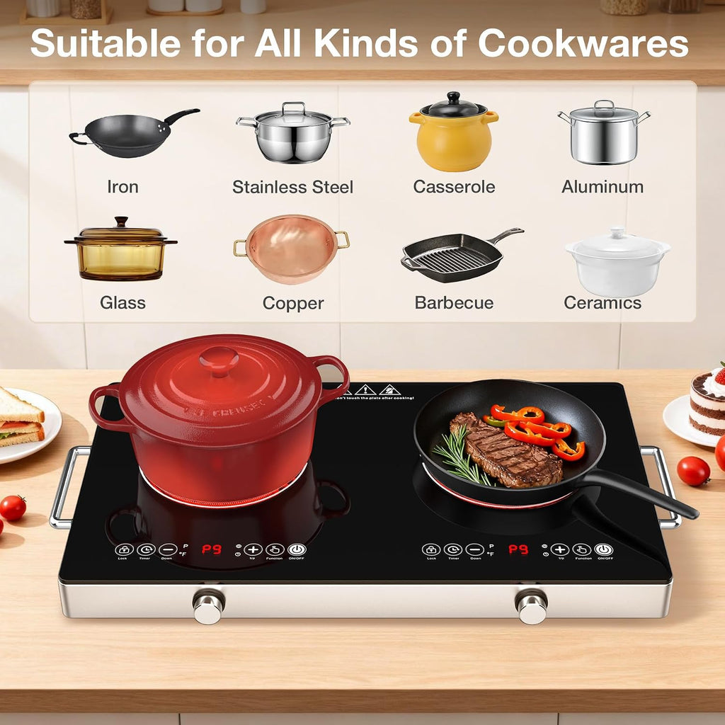 4000w Electric Cooktop 2 Burners, 23'' Electric Stove Top 110v with Plug in, GTKZW Knob Control Countertop & Built-in Ceramic Cooktop, 9 Power Levels, Child Lock, Timer, Over-Heat Protection