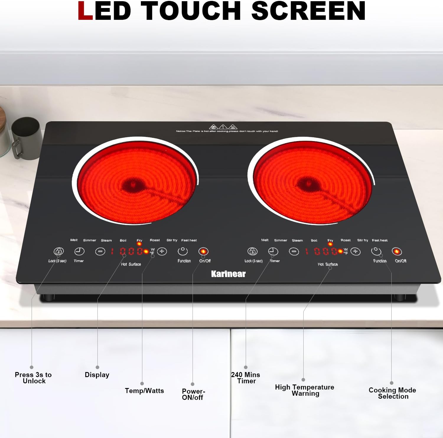 Karinear 2 Burners Electric Cooktop 24 Inch, 110v~120v Countertop and Built-in Elecric Stove Top, Portable Electric Radiant with Outlet Plug, Sensor Touch, Child Safety Lock, Timer(white)