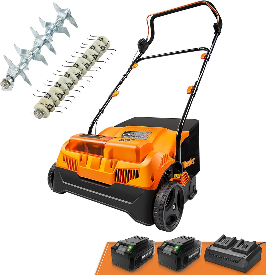 LawnMaster 48V MAX Brushless 16' 2-in-1 Cordless Dethatcher and Scarifier with Removable Thatch Collection Bag Quick-Fold – CLGVB4816