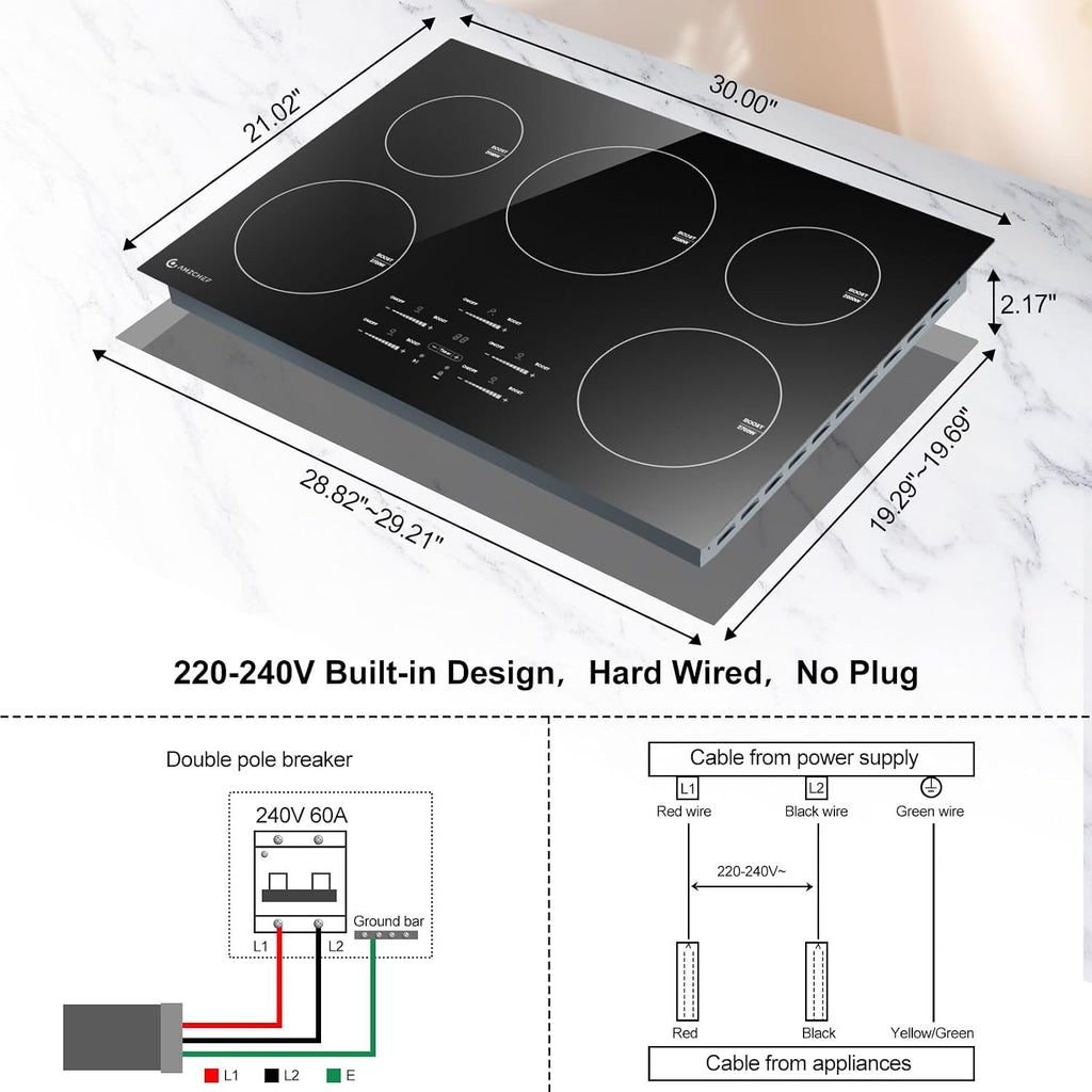 30 Inch 10600W Induction Cooktop,AMZCHEF 9 Levels Electric Cooktop with 5 BOOST Burners, Bulid-in Induction Stove Control by Slide Touchscreen, Safety Lock, Independent Timer, No Plug, 240V