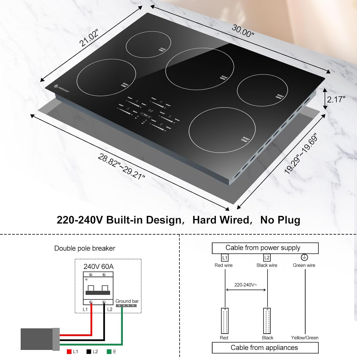 30 Inch 10600W Induction Cooktop,AMZCHEF 9 Levels Electric Cooktop with 5 BOOST Burners, Bulid-in Induction Stove Control by Slide Touchscreen, Safety Lock, Independent Timer, No Plug, 240V