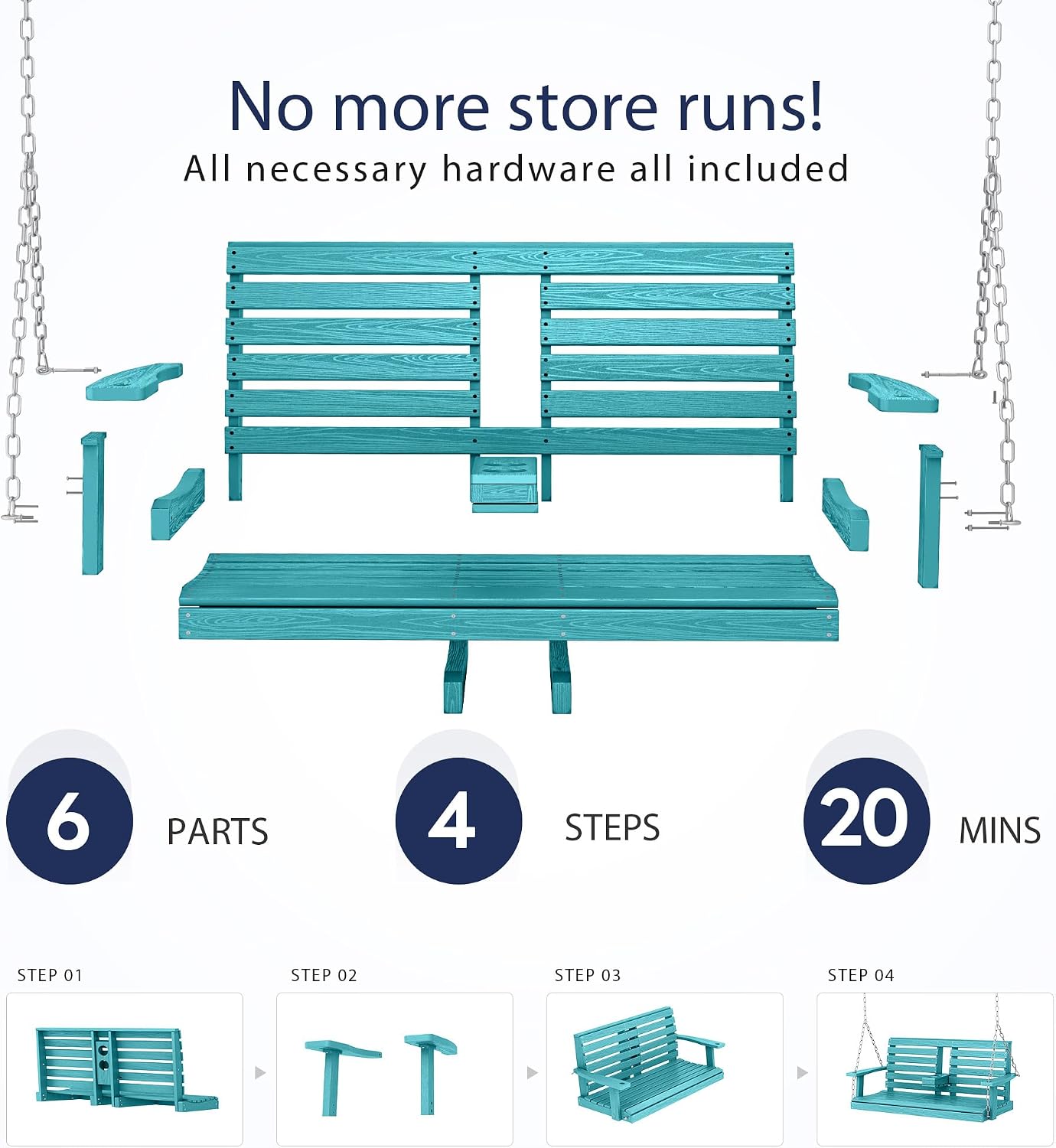 KINGYES Outdoor Hanging Porch Swing, 2 Seat Patio Swing Chair with Cup Holders, Waterproof Swing Chair Bench for Courtyard & Garden, 660LBS Weight Capacity, Aruba Blue