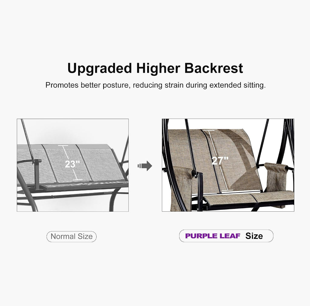 PURPLE LEAF 2-Seat Deluxe Outdoor Patio Porch Swing with Weather Resistant Steel Frame, Adjustable Tilt Canopy, Beige