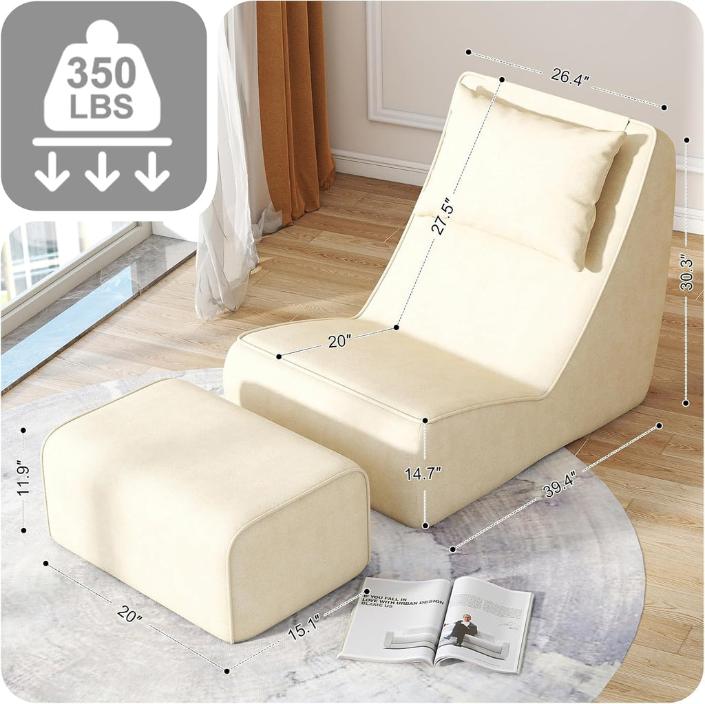 Giant Bean Bag Chair for Adults - Indoor Chaise Lounge with Neck Pillow & Ottoman, All-in-One Sponge Design, Comfy Floor Chair for Reading, Gaming, Napping, and Movies (Khaki)