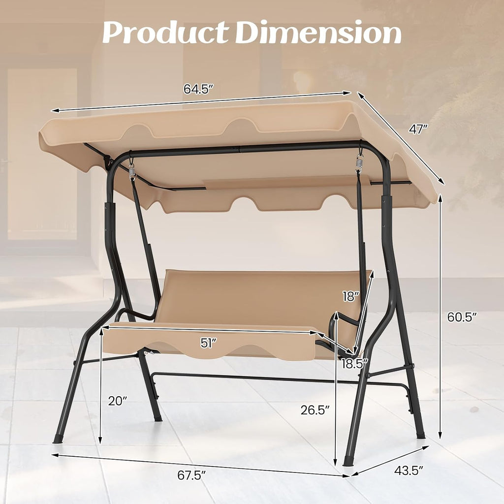 Tangkula 3 Person Porch Swing, Patio Swing with Removable Cushion & Powder-Coated Steel Frame, Outdoor Swing with Canopy for Porch, Backyard, Garden, Balcony (Beige)