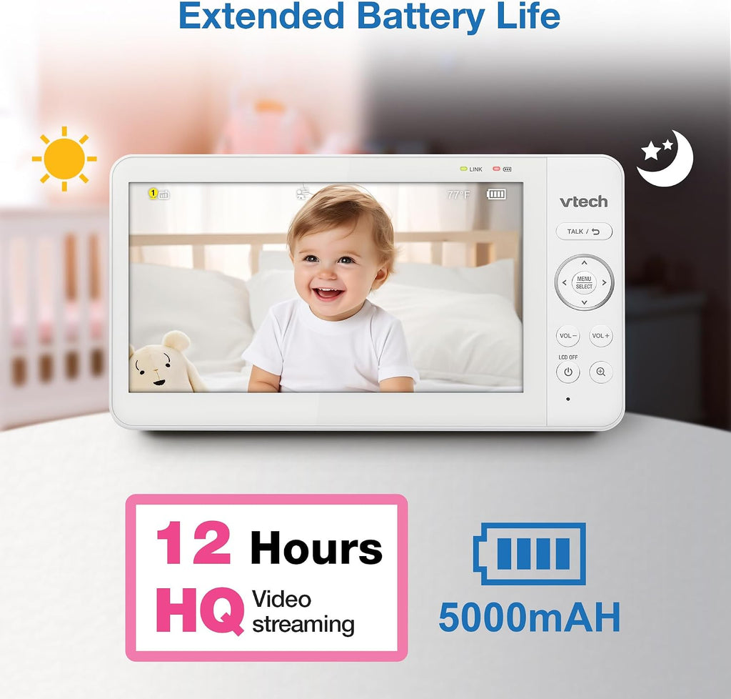 VTech Advanced HQ Max Twin 7' Digital Video 2-Cameras Baby Monitor with Pan Tilt Zoom, Long Battery Life 5000mAh, IPS Screen, Adaptive Multi-Color Night Light, 2-Way Talk, HQ Display, No WiFi, White