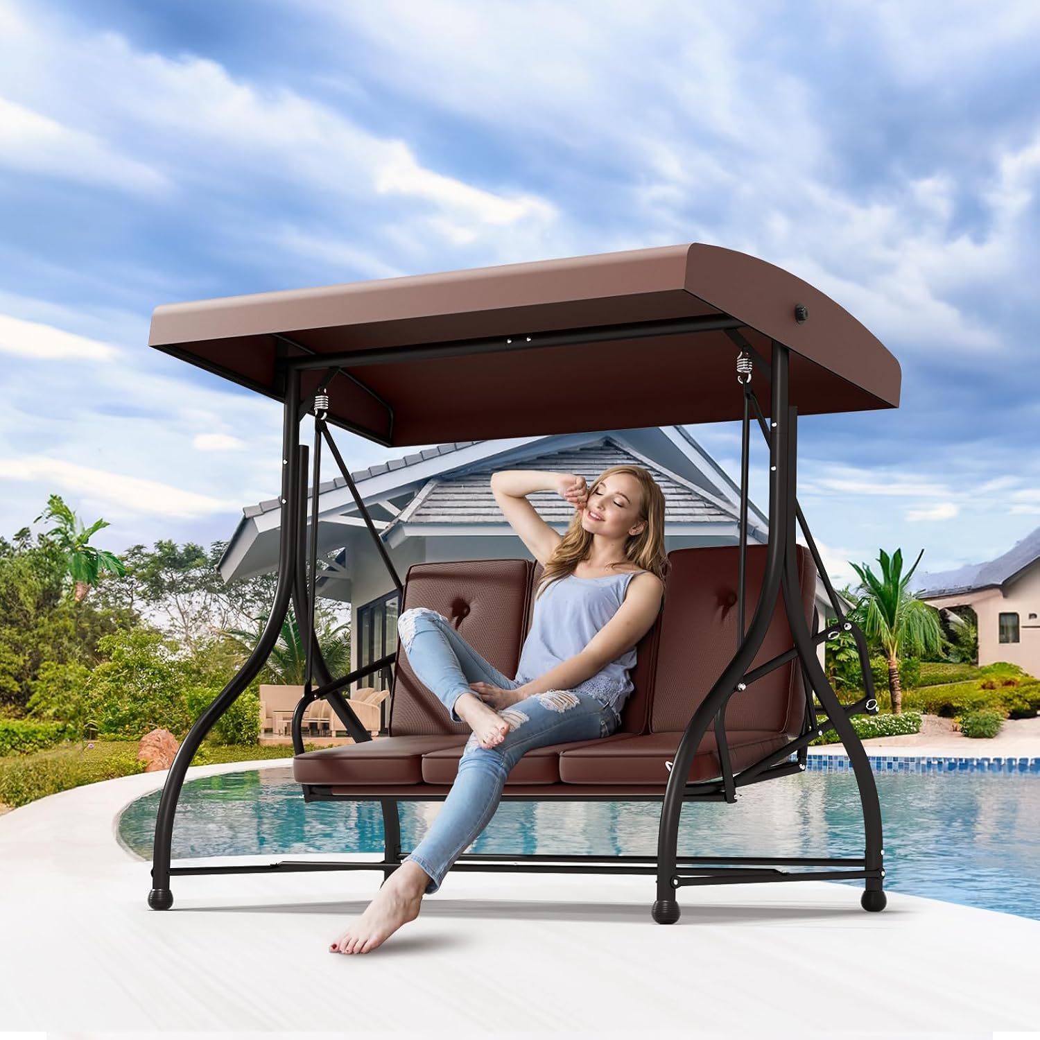 3 Seat Outdoor Porch Swing with Stand, 760 lbs Capacity Heavy Duty Patio Glider Swings for Adults, Convertible 2 in 1 Patio Swings Bed with Adjustable Canopy & Thick Cushions for Garden Yard