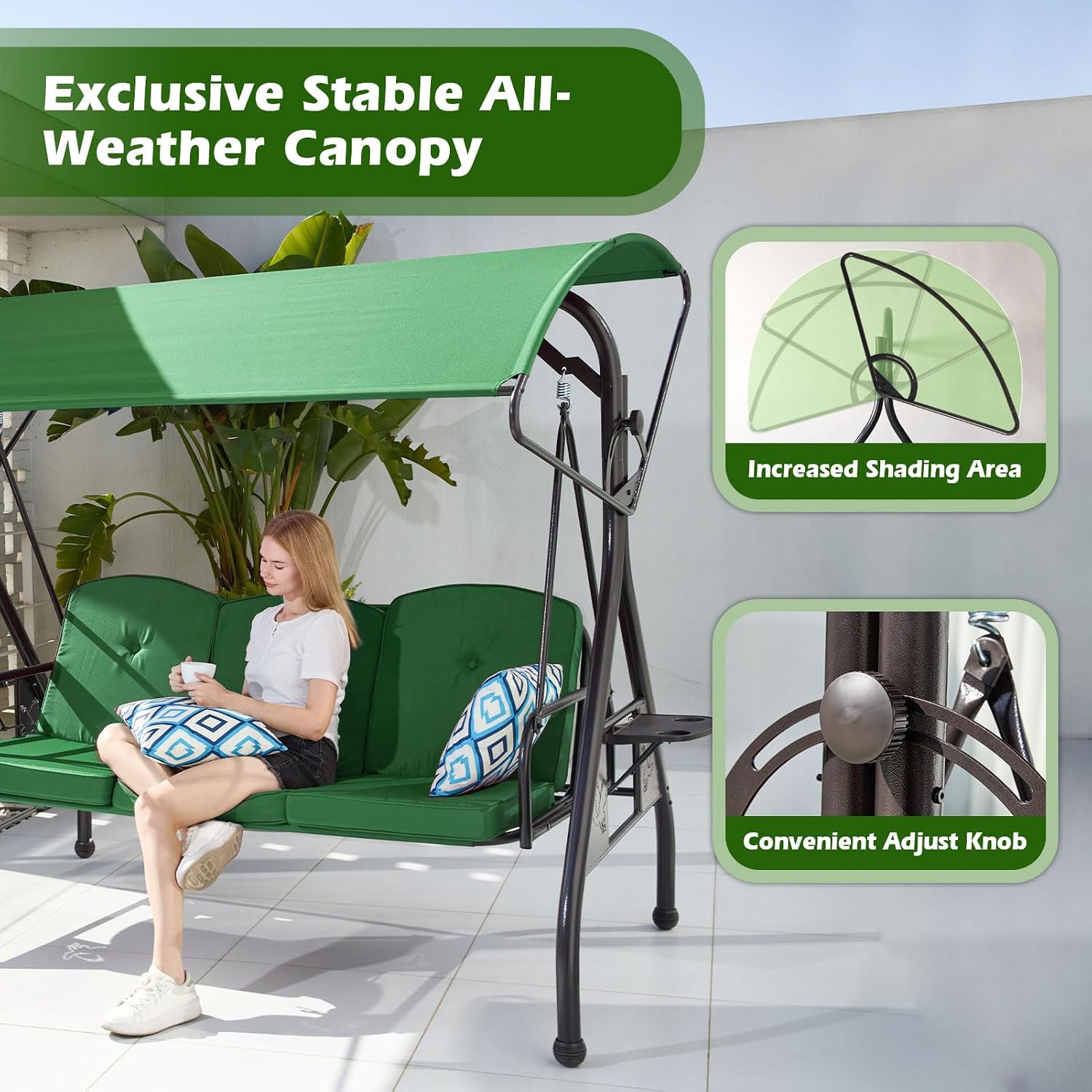 ZZW 800LBS Patio Swing with Canopy 3 Seat Outdoor Porch Swing with Stand w/Cup Holder & Pillow Glider Chair Swing Bed for Patio Backyard Poolside (Green)