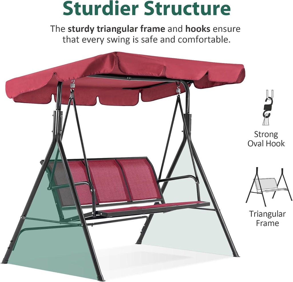 MCombo Outdoor Patio Canopy Swing Chair 3-Person, Steel Frame Textilence Seats Swing Glider, 4507 (Burgundy)