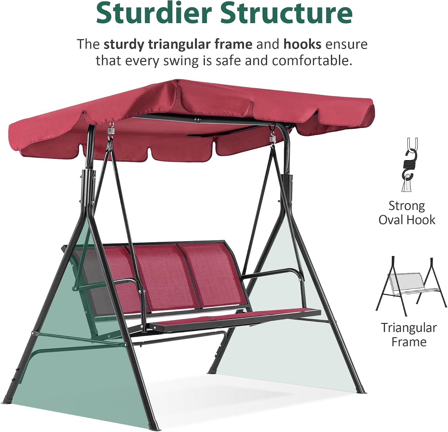 MCombo Outdoor Patio Canopy Swing Chair 3-Person, Steel Frame Textilence Seats Swing Glider, 4507 (Burgundy)