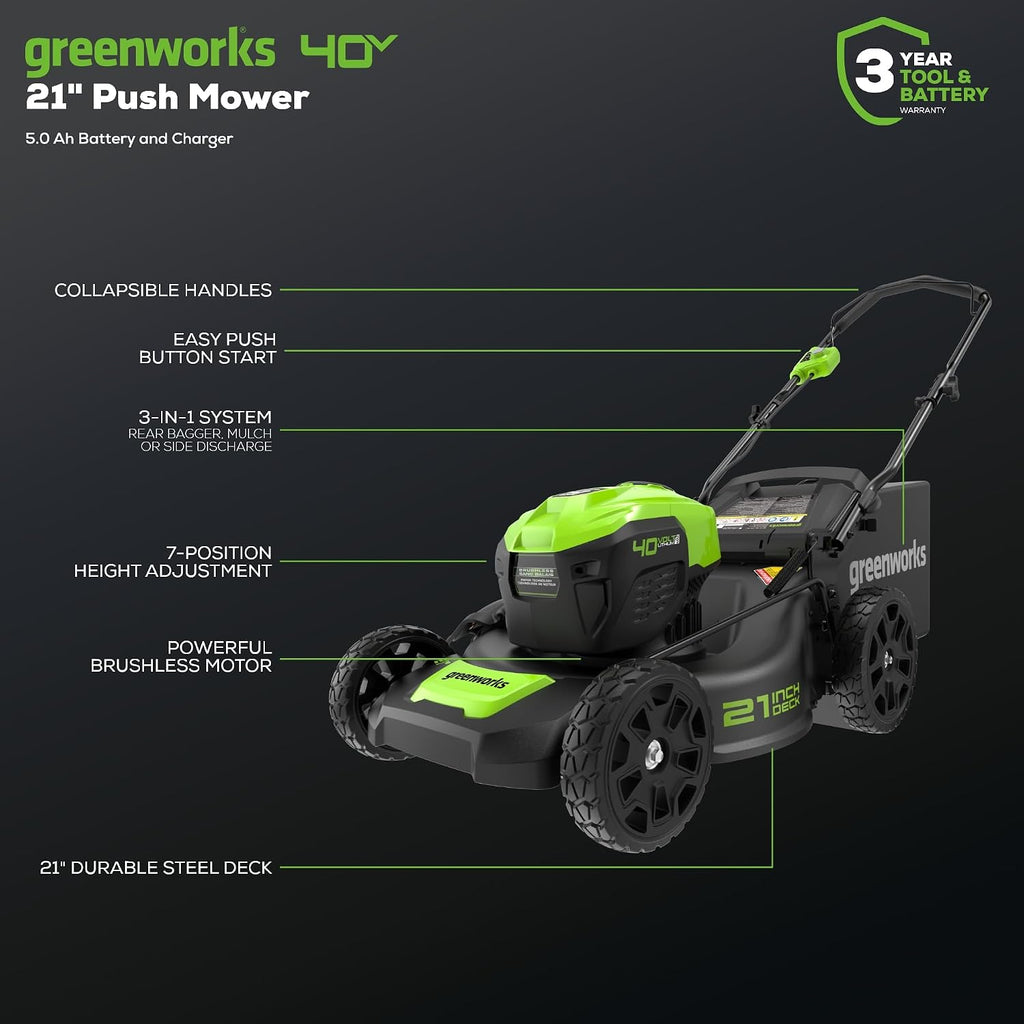 Greenworks 40V 21' Push Mower, 5.0Ah USB Battery
