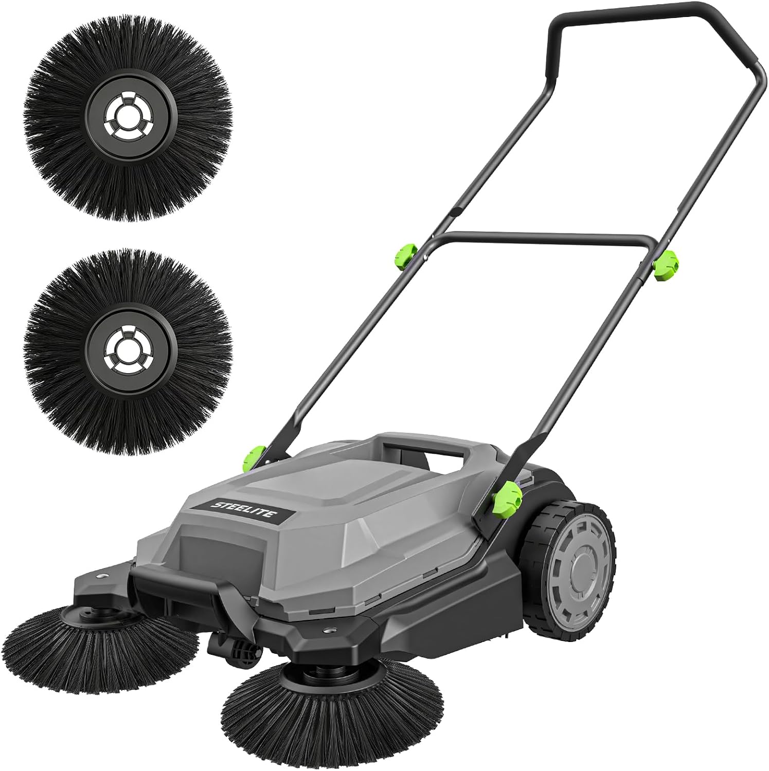 STEELITE Walk-Behind Hand Push Floor Sweeper, 26.8' Sweeping Width Floor Sweeper Manual Non-Electric, 6.35 Gal Waste Container, Angle & Height Adjustable Folding Handle for Walkway, Yard and Patio