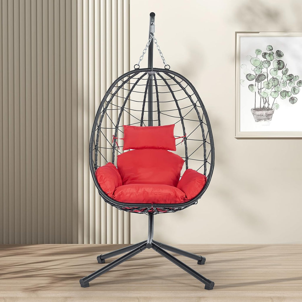 Hanging Egg Chair with Stand, Black Wicker Rattan Swing Egg Chair, Indoor Outdoor Swing Chair for Patio Balcony Porch Bedroom, 350 LBS Capacity (Red)