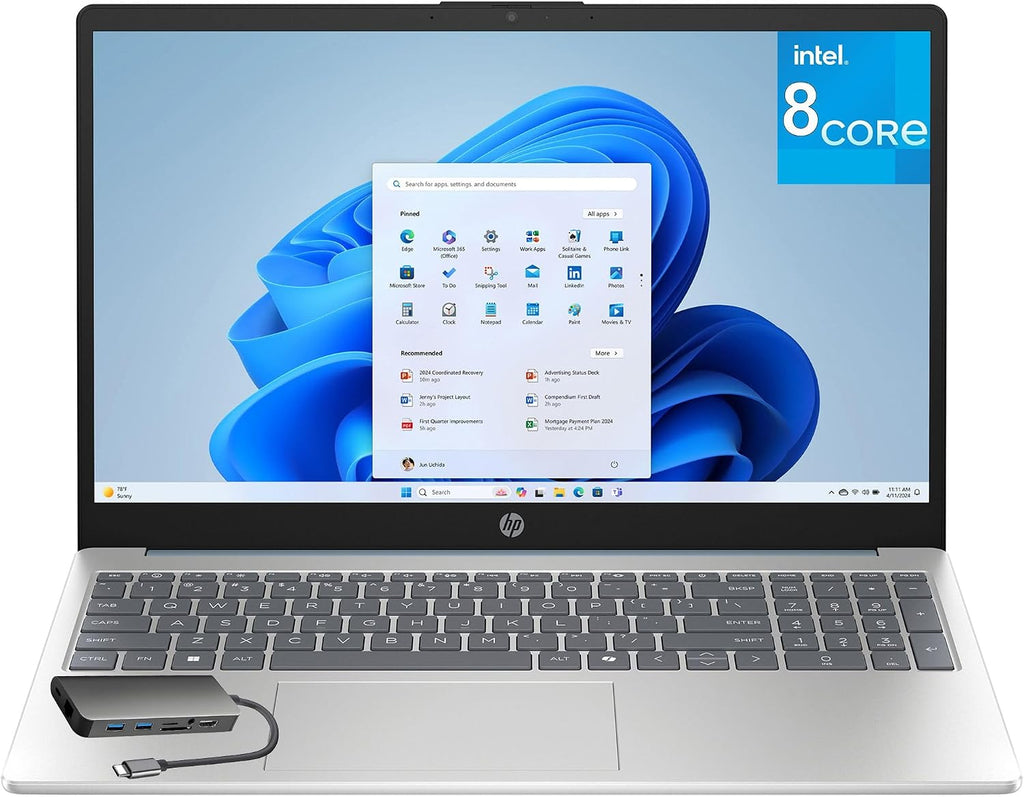 HP 15.6' Touchscreen Laptop Computer for Business Home, 8GB DDR4 RAM, 256GB PCIe SSD, Intel Processor Octa-Core, FHD, WiFi 6, Bluetooth 5.4, Numeric Keypad, Moonlight Blue, Windows 11 Home, USB C Hub