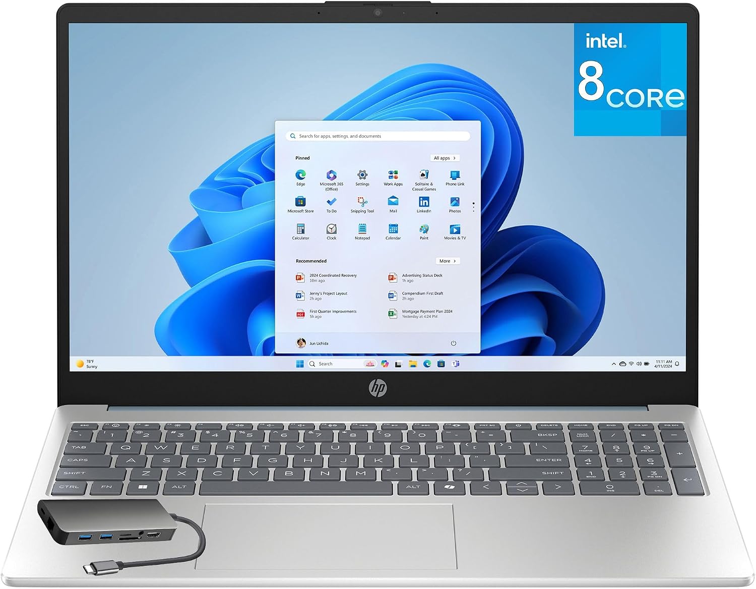 HP 15.6' Touchscreen Laptop Computer for Business Home, 8GB DDR4 RAM, 256GB PCIe SSD, Intel Processor Octa-Core, FHD, WiFi 6, Bluetooth 5.4, Numeric Keypad, Moonlight Blue, Windows 11 Home, USB C Hub