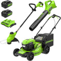 Greenworks 48V (24V x 2) 20' Brushless Cordless Lawn Mower + 12' String Trimmer + 320 CFM Leaf Blower Combo Kit with (2) 4.0Ah Batteries & Dual Port Fast Charger