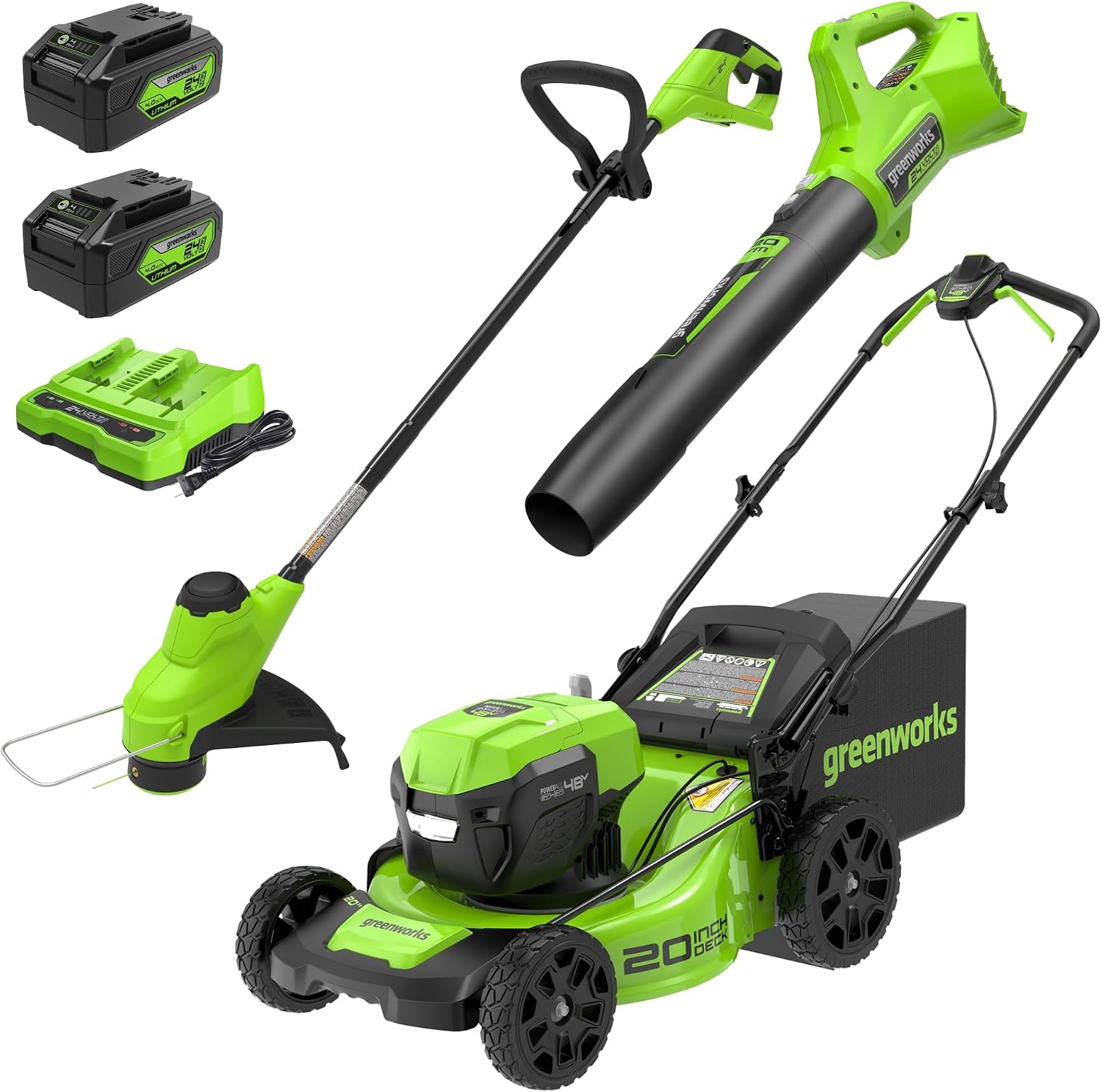 Greenworks 48V (24V x 2) 20' Brushless Cordless Lawn Mower + 12' String Trimmer + 320 CFM Leaf Blower Combo Kit with (2) 4.0Ah Batteries & Dual Port Fast Charger