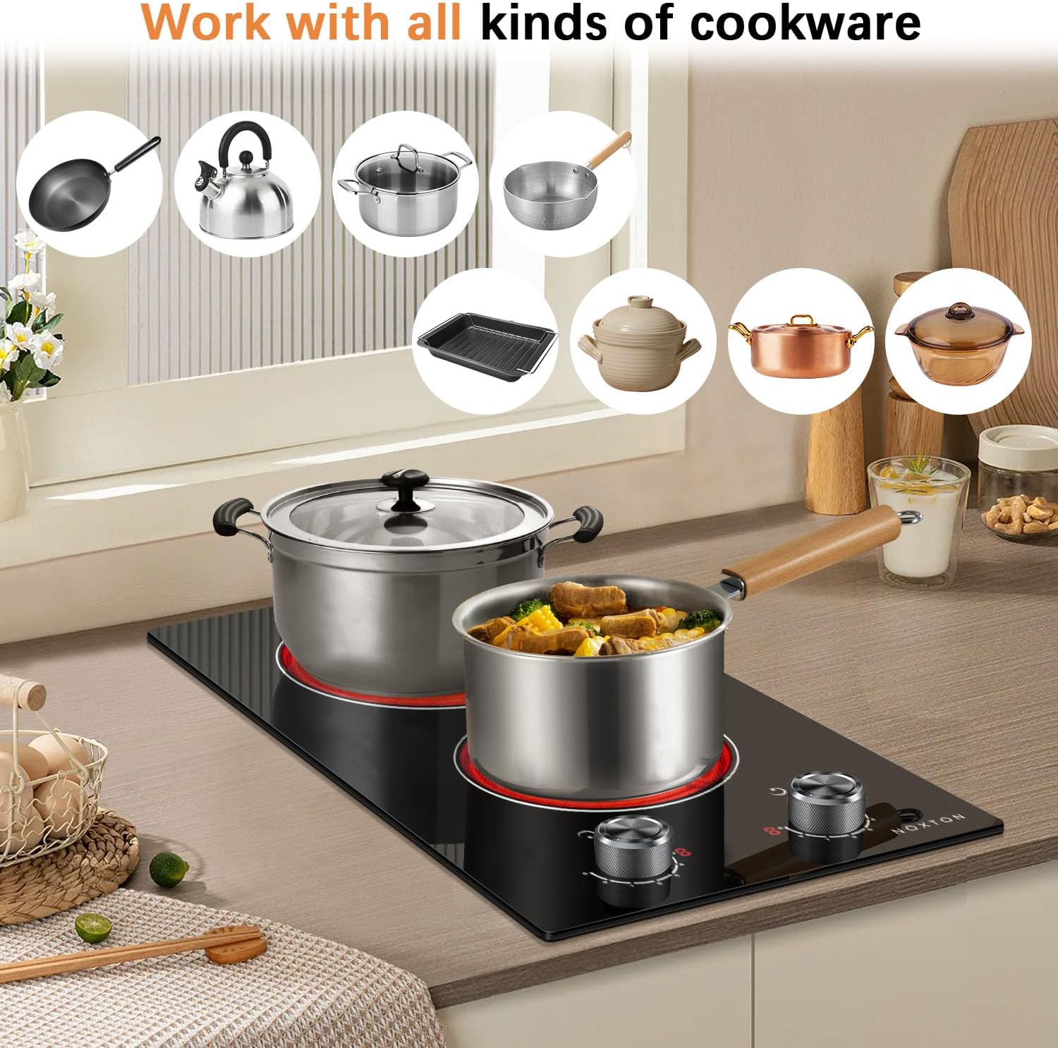 Noxton 110v Electric Cooktop 2 Burners, Plug in Electric Stove 12 Inch, Built-in or Above the Counter Use, 9 Power Level, Knob Control Ceramic Stovetop, Great for the Elderly