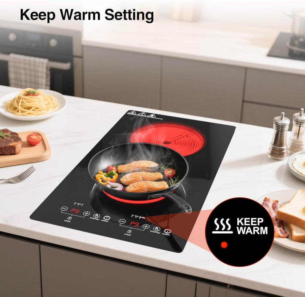 WABK Electric Cooktop 2 Burners, 12' Electric Stove Top with Plug in, Sensor Control Countertop & Built-in Ceramic Cooktop, Keep-Warm, 9 Heating Level, Timer, Child Lock, Compatible with All Cookware