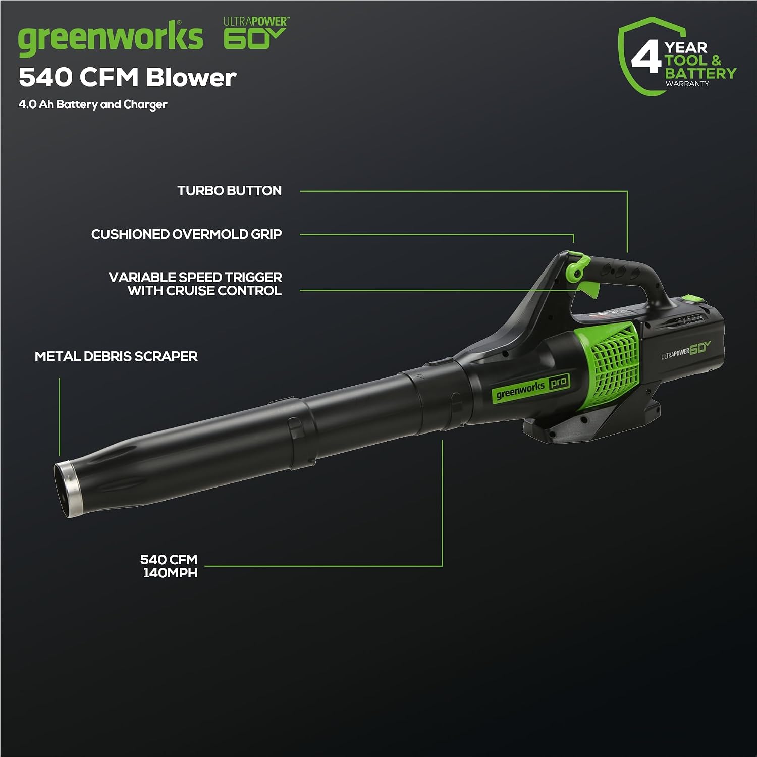 Greenworks 60V Cordless Yard Tool Combo Kit with 4.0Ah Battery & Charger – 13' Dual-Line String Trimmer and 540 CFM Leaf Blower