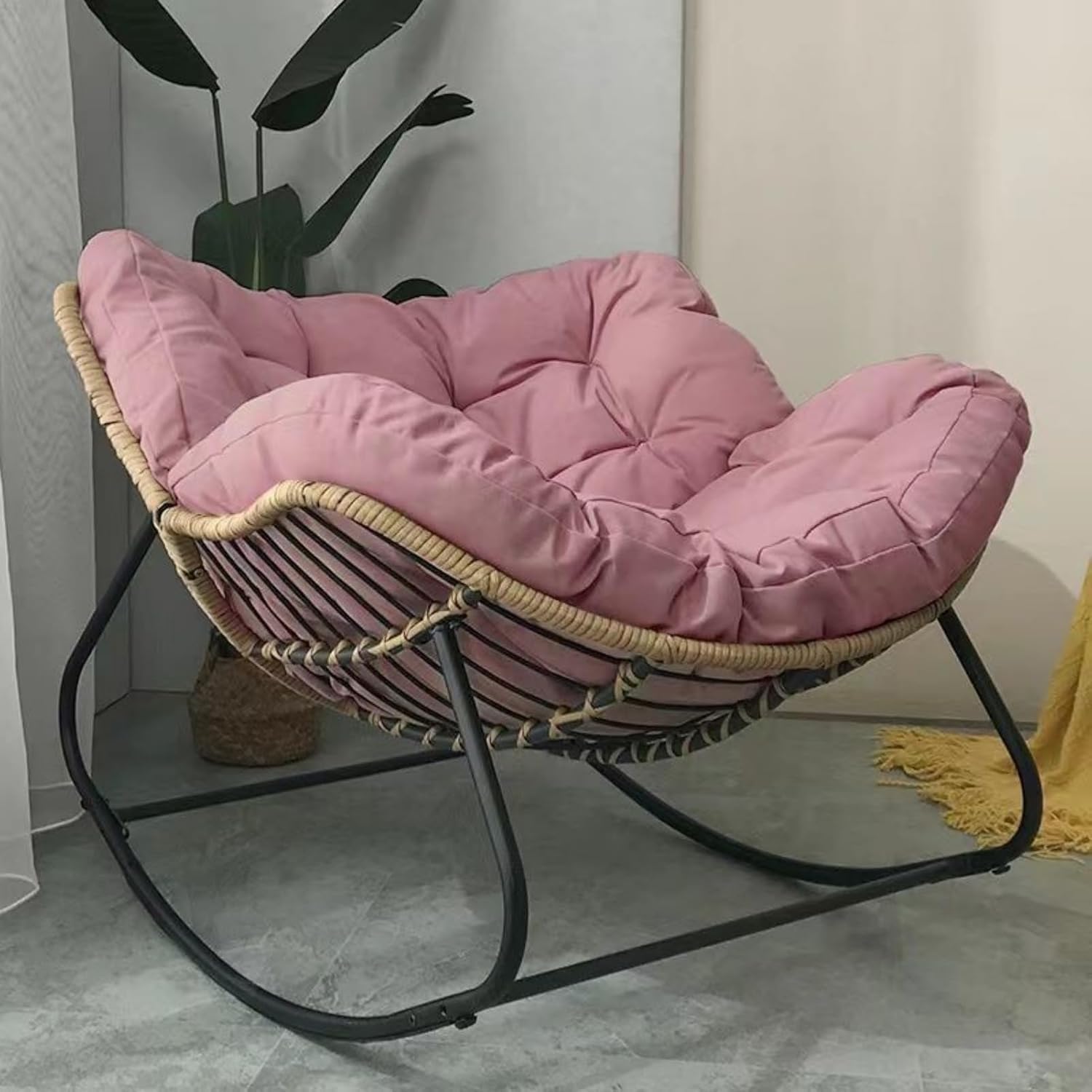 Oversized Egg Rocking Chair with Cushion, Patio Wicker Hanging Egg Chair with Padded Seat,Modern Rattan Rocker for Porch, Garden, Living Room, Bedroom(Pink)