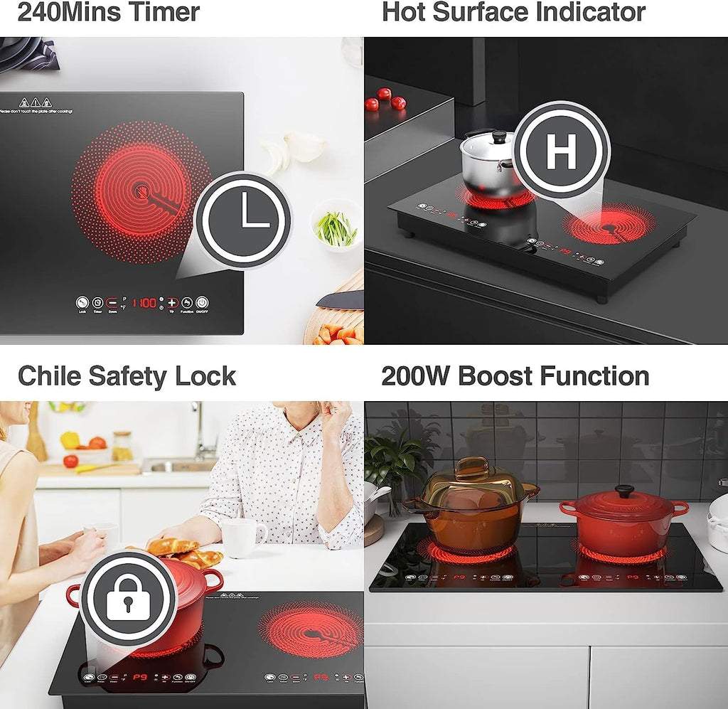 Electric Cooktop, 24 Inch 2 Burner Cooktop 110V, Built-in and Countertop Stove Top Plug in, 2400W Electric Stove, Compatible for All Cookware,Timer & Kid Safety Lock