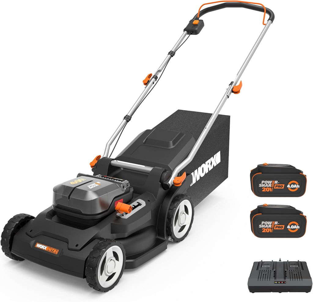 WORX 17'' Cordless Lawn Mower, 2 in 1 Electric Mower Cuts to Edge, Compact & Lightweight Push Lawn Mower with 6-Position Height Adjustment for Medium Size Yards, 2 Batteries & Charger Included, WG745