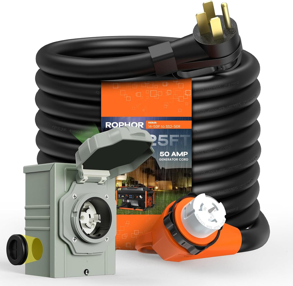 Rophor 50 Amp Generator Cord and Pre-Drilled Power Inlet Box, 25FT Heavy Duty NEMA 14-50P to SS2-50R Extension Cord Twist Locking with Inlet Box, 125/250V, 12500W, ETL Listed for Outdoor Emergency Kit