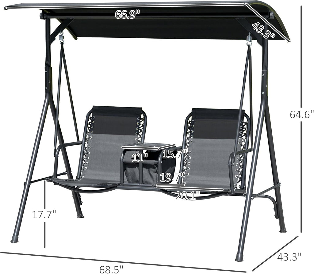 Outsunny 2-Seater Patio Swing Chair, Outdoor Canopy Swing Glider with Pivot Storage Table, Cup Holder, Adjustable Shade, Bungie Seat Suspension and Weather Resistant Steel Frame, Black