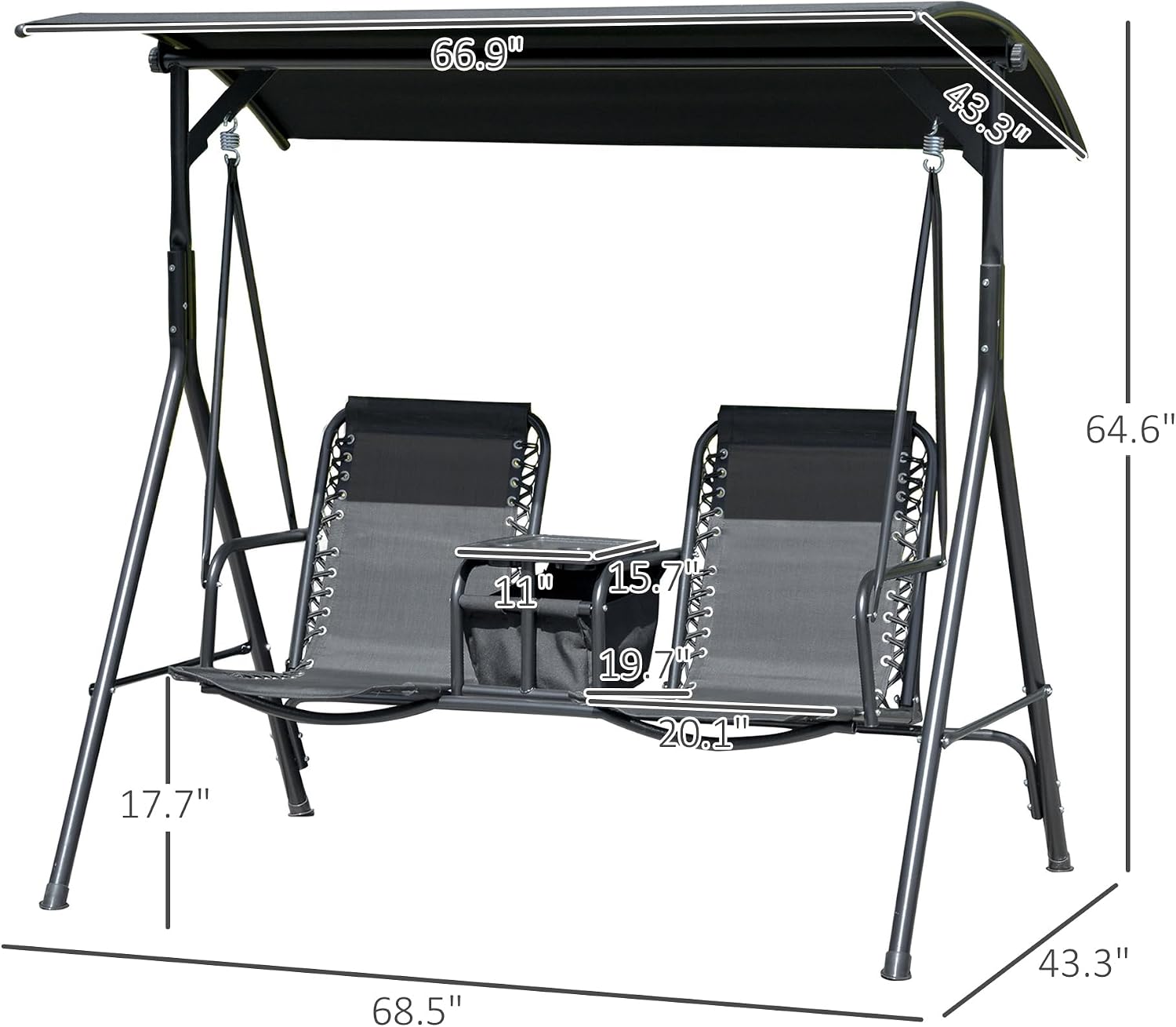 Outsunny 2-Seater Patio Swing Chair, Outdoor Canopy Swing Glider with Pivot Storage Table, Cup Holder, Adjustable Shade, Bungie Seat Suspension and Weather Resistant Steel Frame, Black
