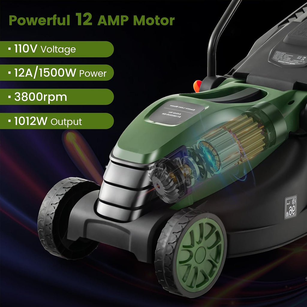 S AFSTAR Electric Corded Lawn Mower, 12-AMP 14-Inch Walk-Behind Lawnmower with Collection Box, 3 Adjustable Height Position, Self Locking Function, Push Lawn Mower for Backyard Patio
