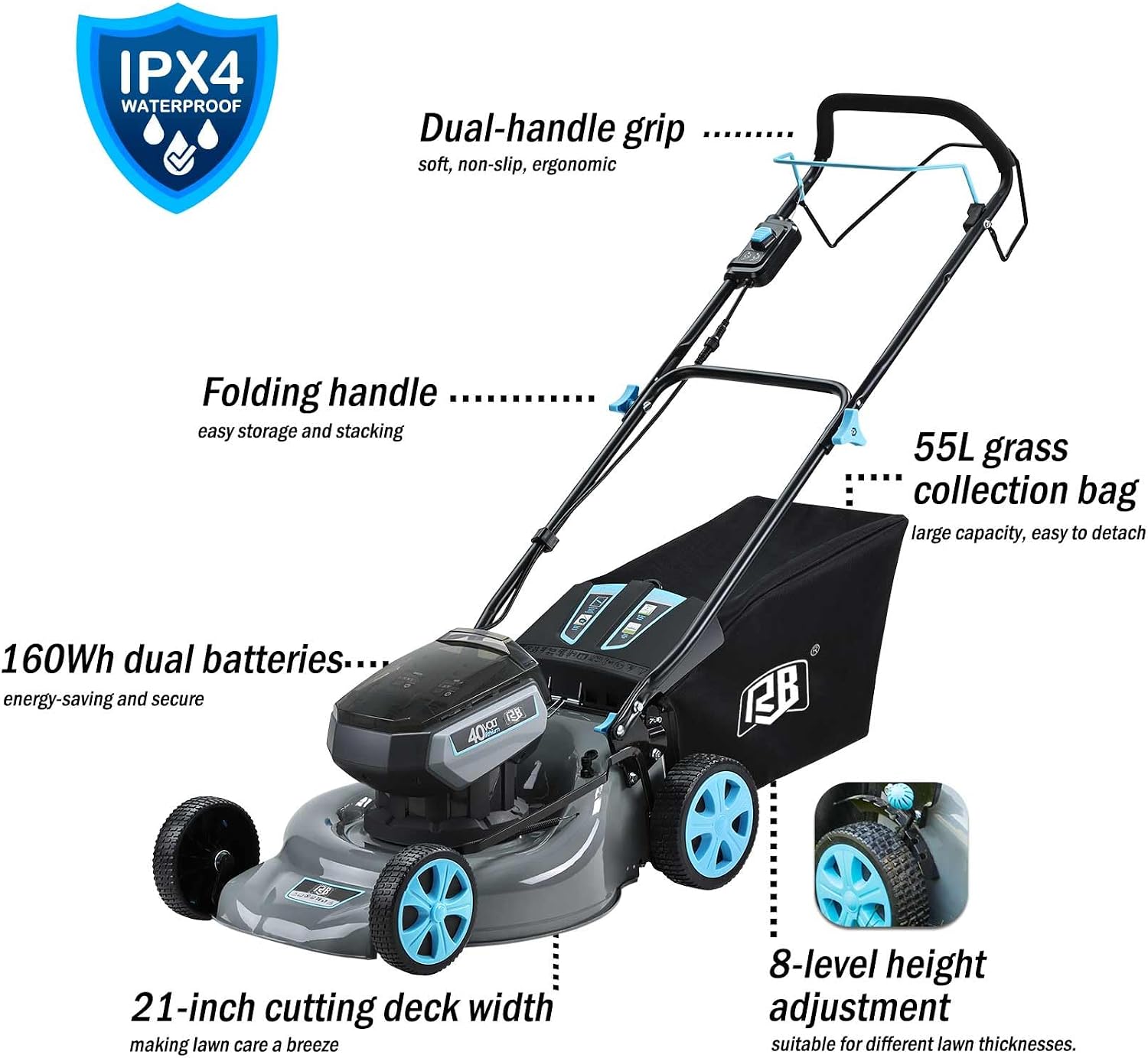 RB 80V Battery Power Lawn Mower 18' Cordless 7 Cutting Heights Adjustable Lawnmower Brushless Motor Low Noise 4 in 1 Push Mower with Fast Charger and 2 x40V 4.0AH Battery
