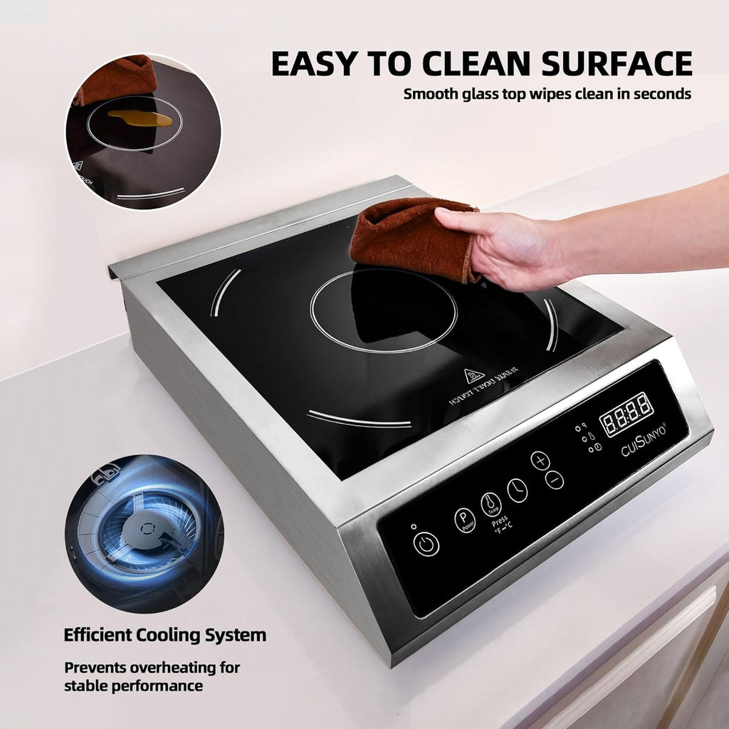 Commercial 3500W Induction Cooktop, Portable 240V Countertop Burner with 10 Power Levels, 12 Timer Settings, 140-465°F Temperature Control, LCD Display, Stainless Steel Housing