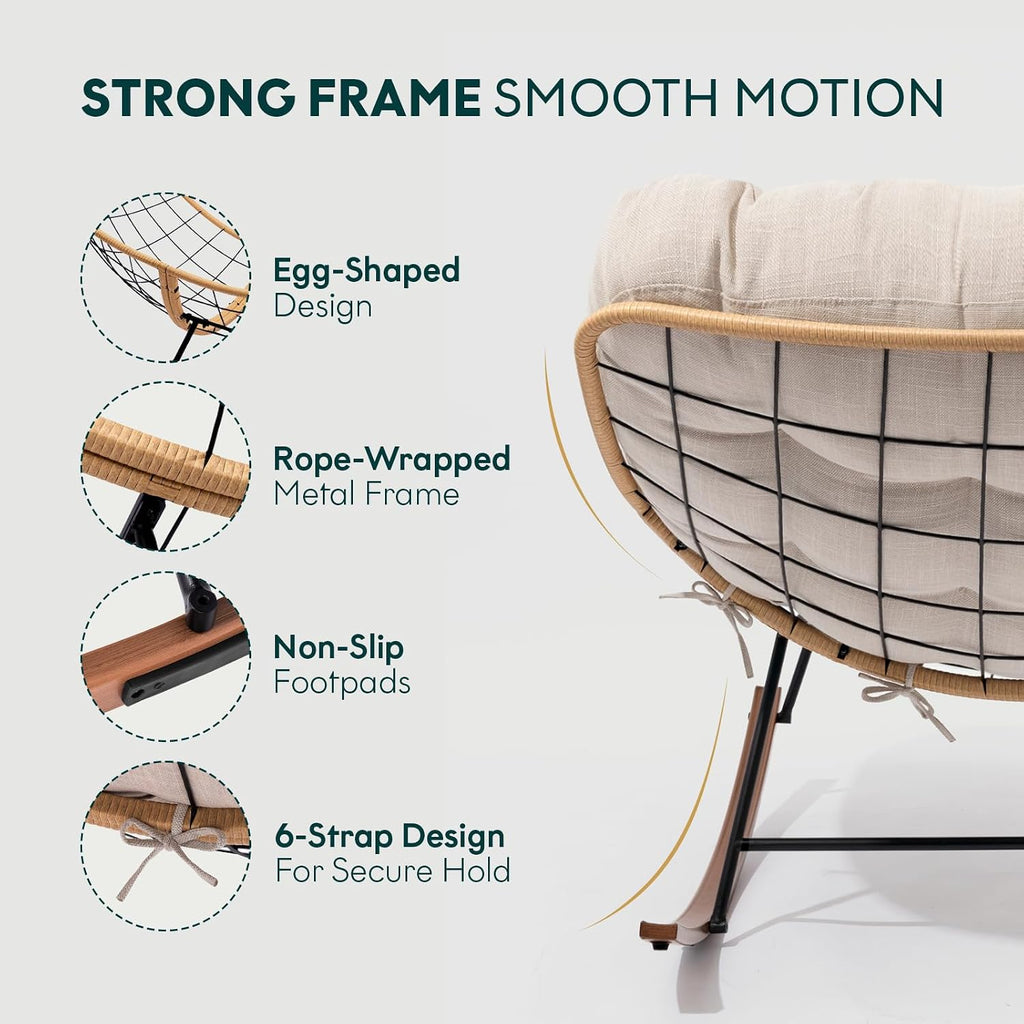 Bme Outdoor and Indoor Patio Rocking Chair with Ottoman, Wood Texture Rocker with Beige Cushion, 7'' Thick, 400lbs Capacity, Sturdy Construction, Ergonomic Design, Quick Assembly, Floor ensureor