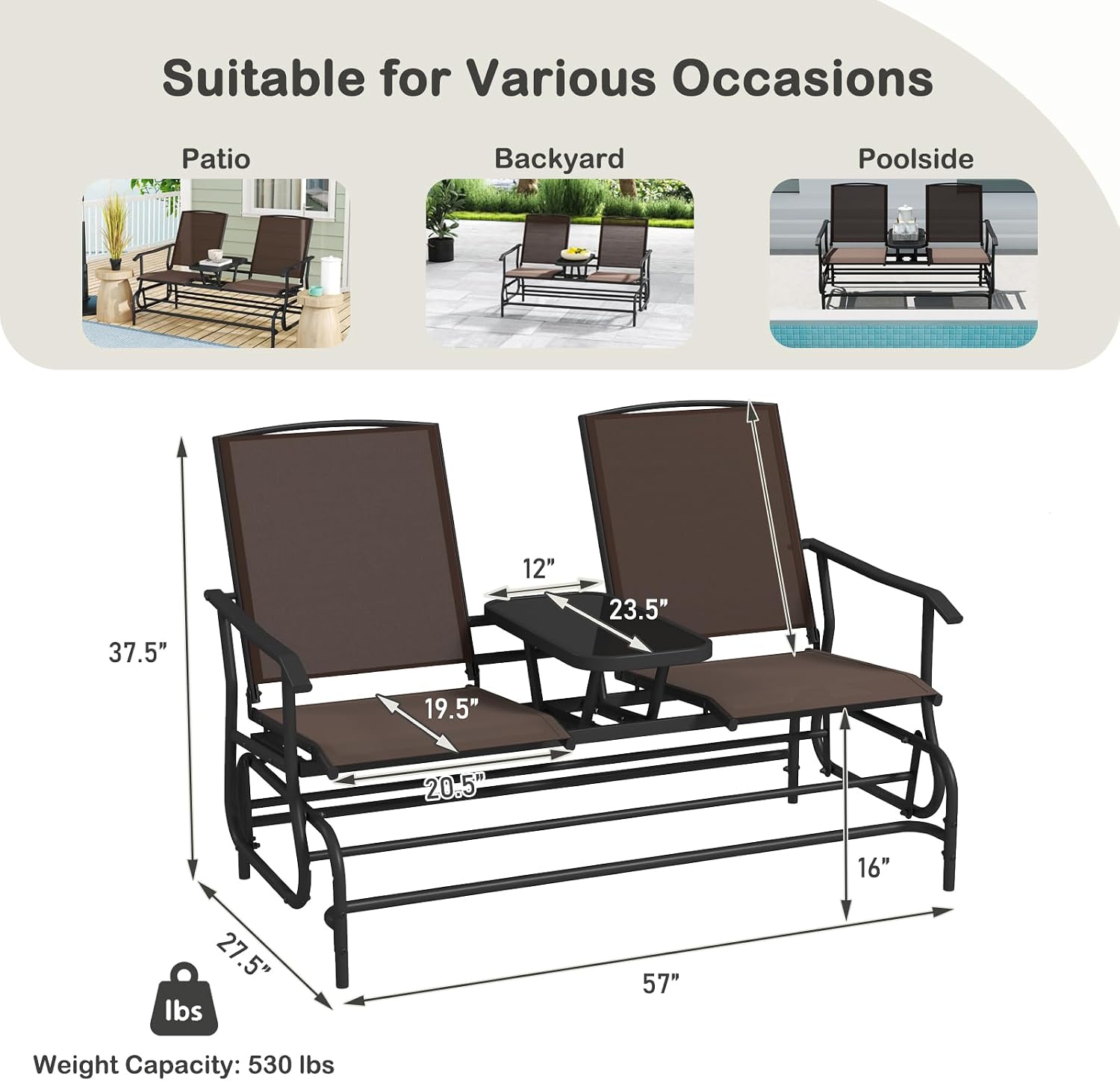 Tangkula 2 Person Swing Glider Chair, Patio Rocking Loveseat w/Center Tempered Glass Table, Outdoor Swing Bench w/Steel Frame & Breathable Mesh Fabric for Porch, Balcony, Poolside (Brown)