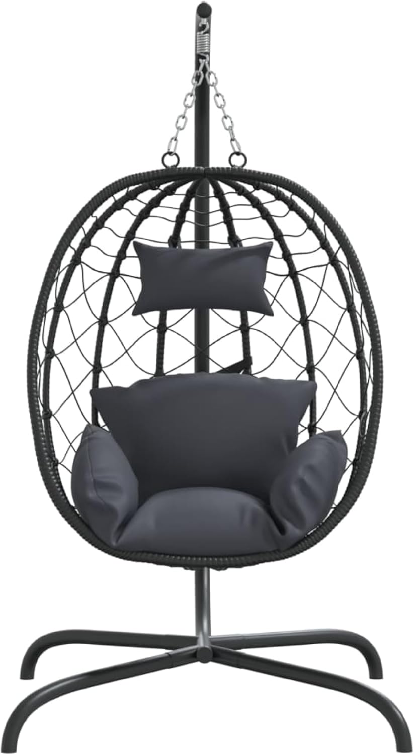 Outdoor Hanging Egg Chair Swing, Gray Cushions, Black Poly Rattan, Steel