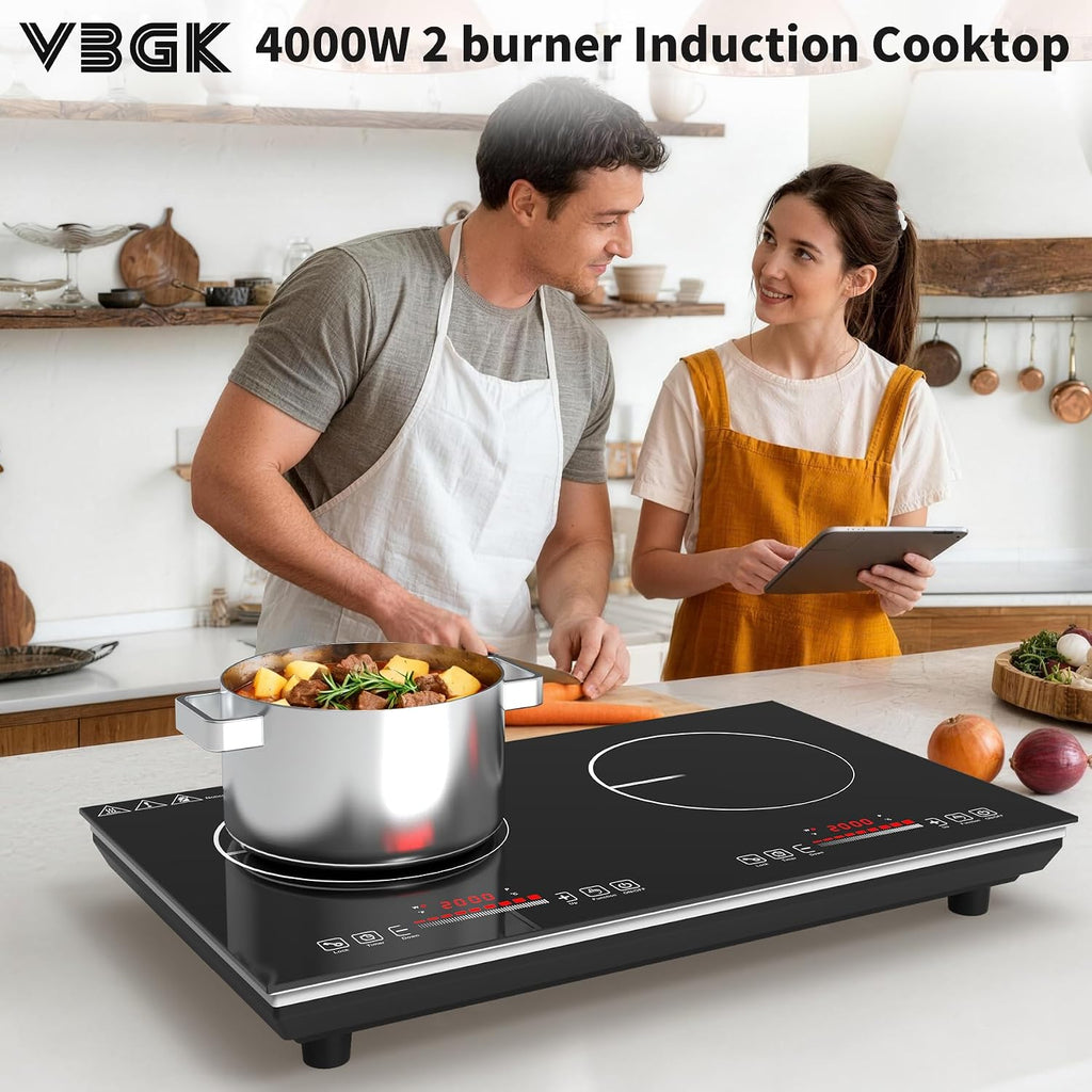 VBGK 2 burner Induction Hop,3600W Electric hob 2 burner with Knob Control,9 Power Levels, Kids Lock & Timer,LED touch control,double induction hop
