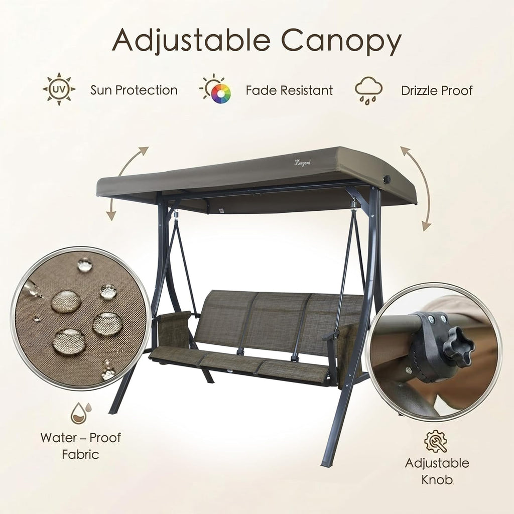 Kozyard Brenda 3-Seat Outdoor Porch Swing Glider, Patio Swing with Adjustable Canopy, Steel Frame, Breathable Textilene Seat & Back, Side Pockets (Taupe)