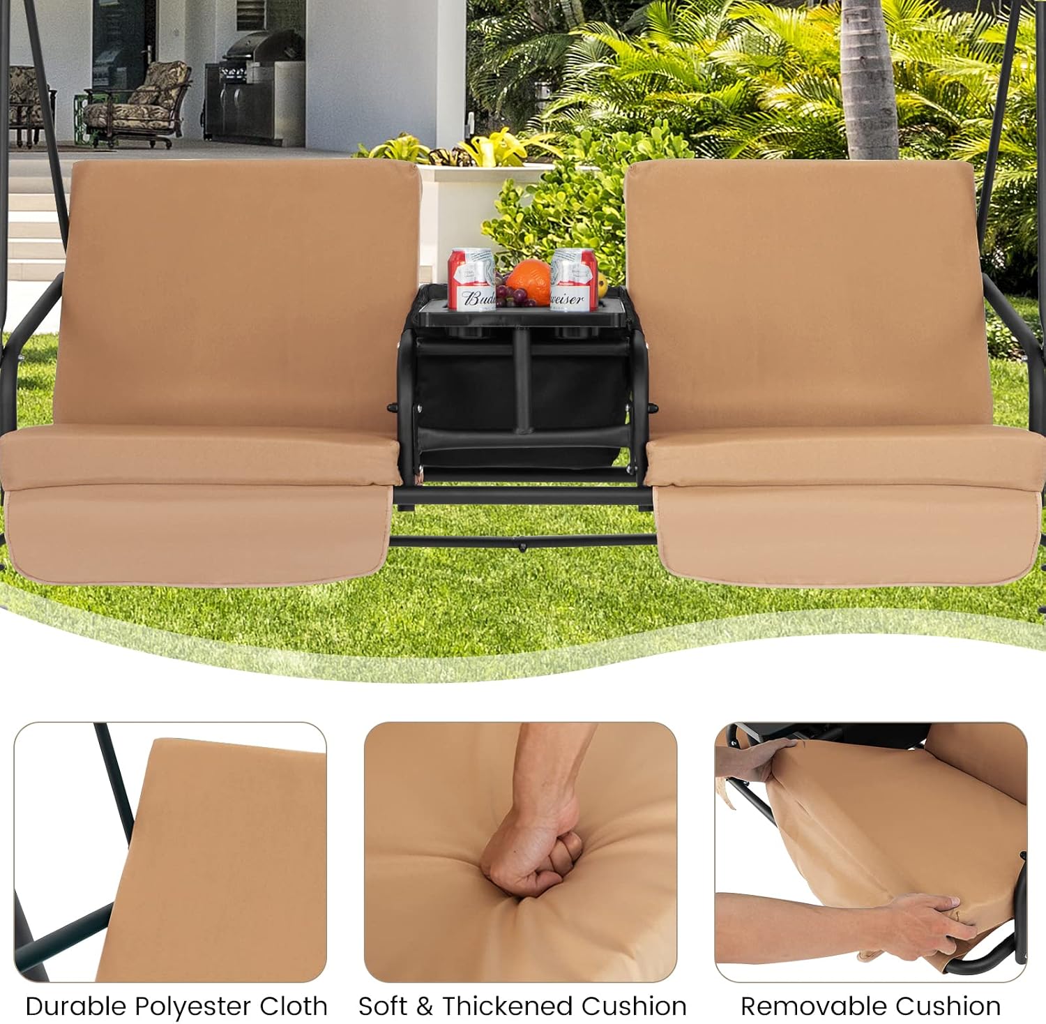 Tangkula 2 Person Porch Swing, Outdoor Swing with Pivot Storage Table, Cooler Bag, 2 Cup Holders, Removable Cushions, Patio Swing with Canopy for Backyard Balcony Poolside (Brown)
