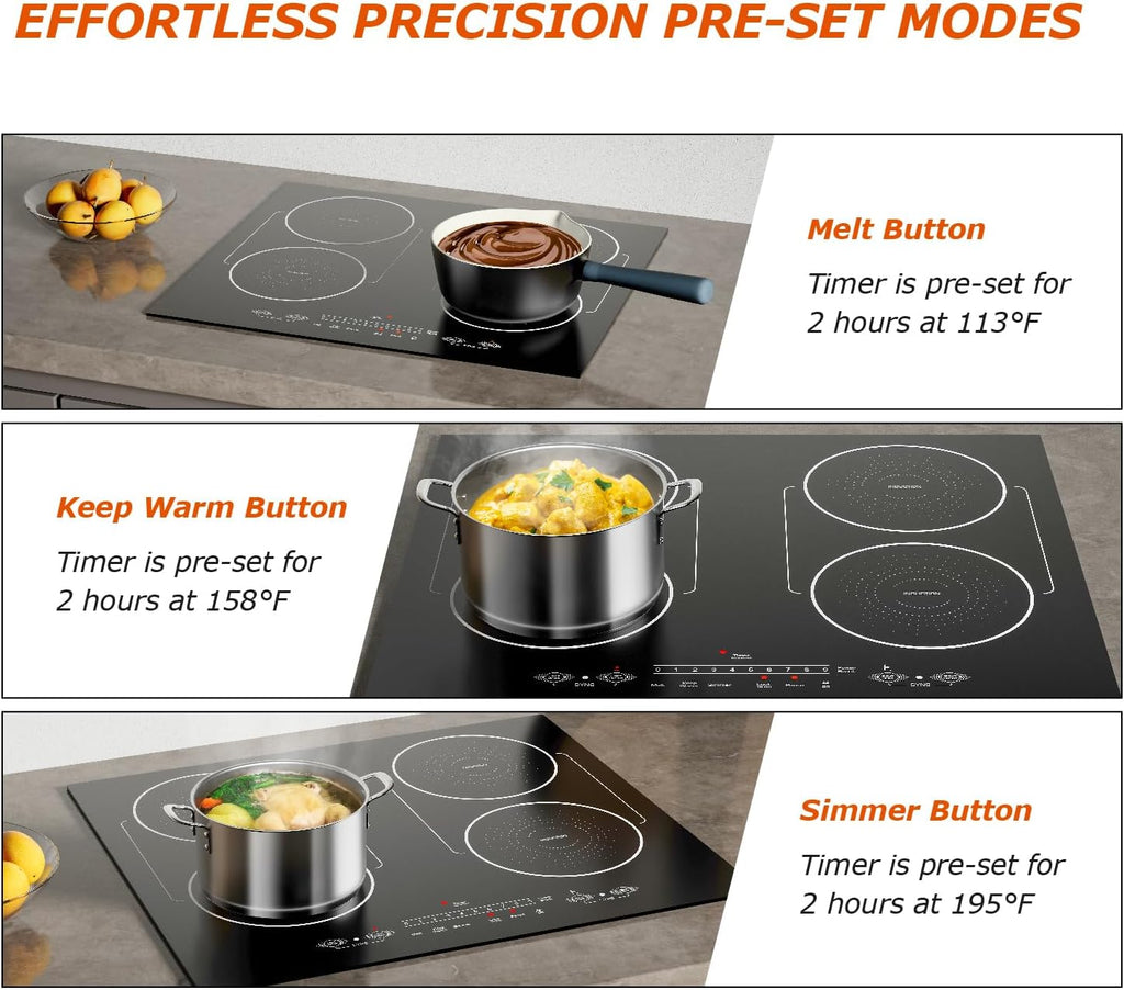 24 Inch Induction Cooktop 4 Burners, Flat Glass Top Electric Stove Hob with Bridge-SYNC, 3 Preset Modes Booster, Timer, Pause, Child Lock, Drop in, 208~240V/40A, Black