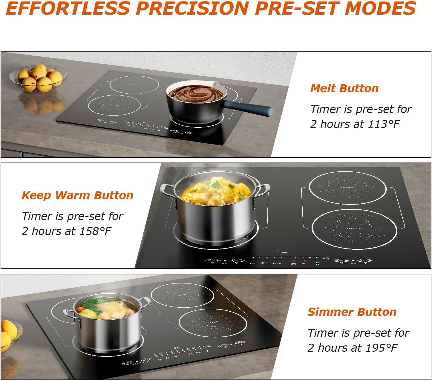 24 Inch Induction Cooktop 4 Burners, Flat Glass Top Electric Stove Hob with Bridge-SYNC, 3 Preset Modes Booster, Timer, Pause, Child Lock, Drop in, 208~240V/40A, Black