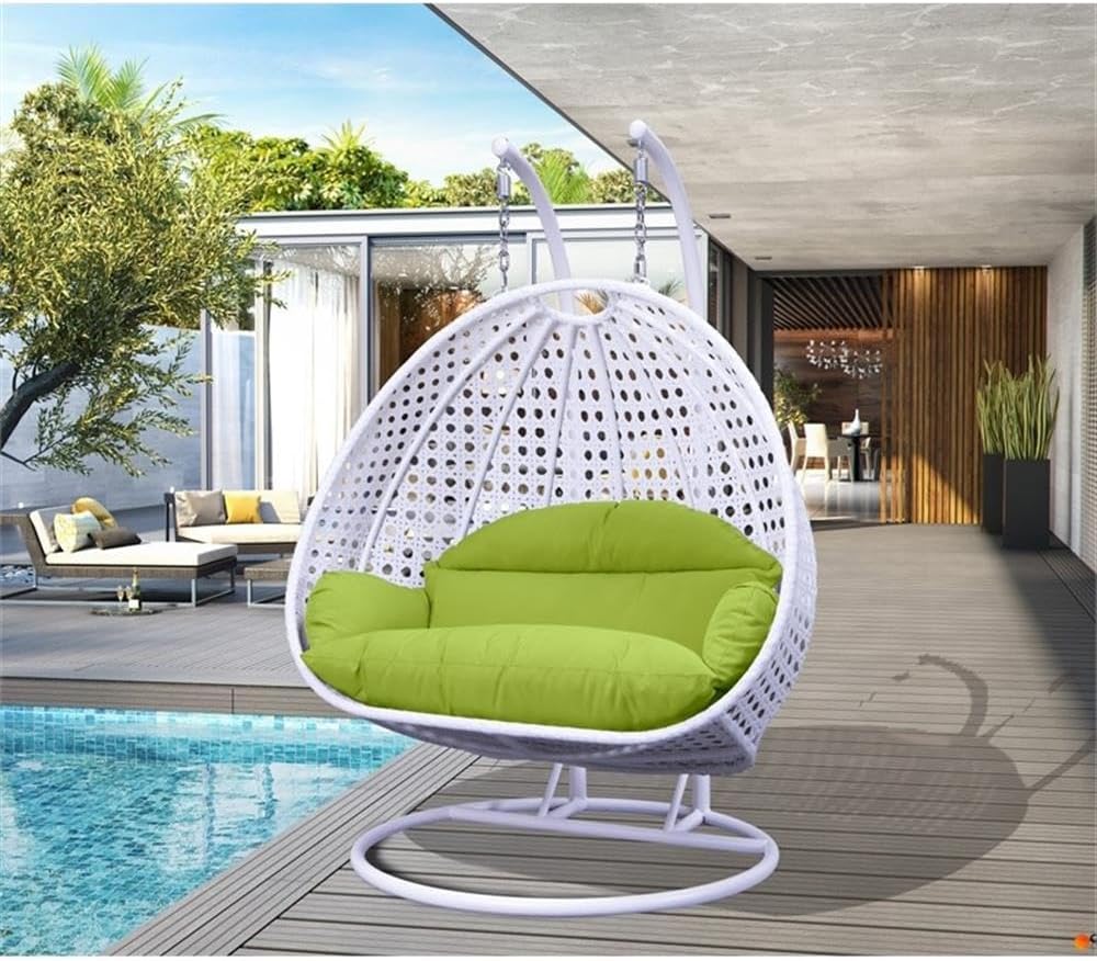 LeisureMod 2 Person Hanging Egg Chair, Indoor Outdoor Patio Lounge Swing with White Stand & UV-Resistant Cushions, Hammock Chair for Bedroom & Garden, Light Green