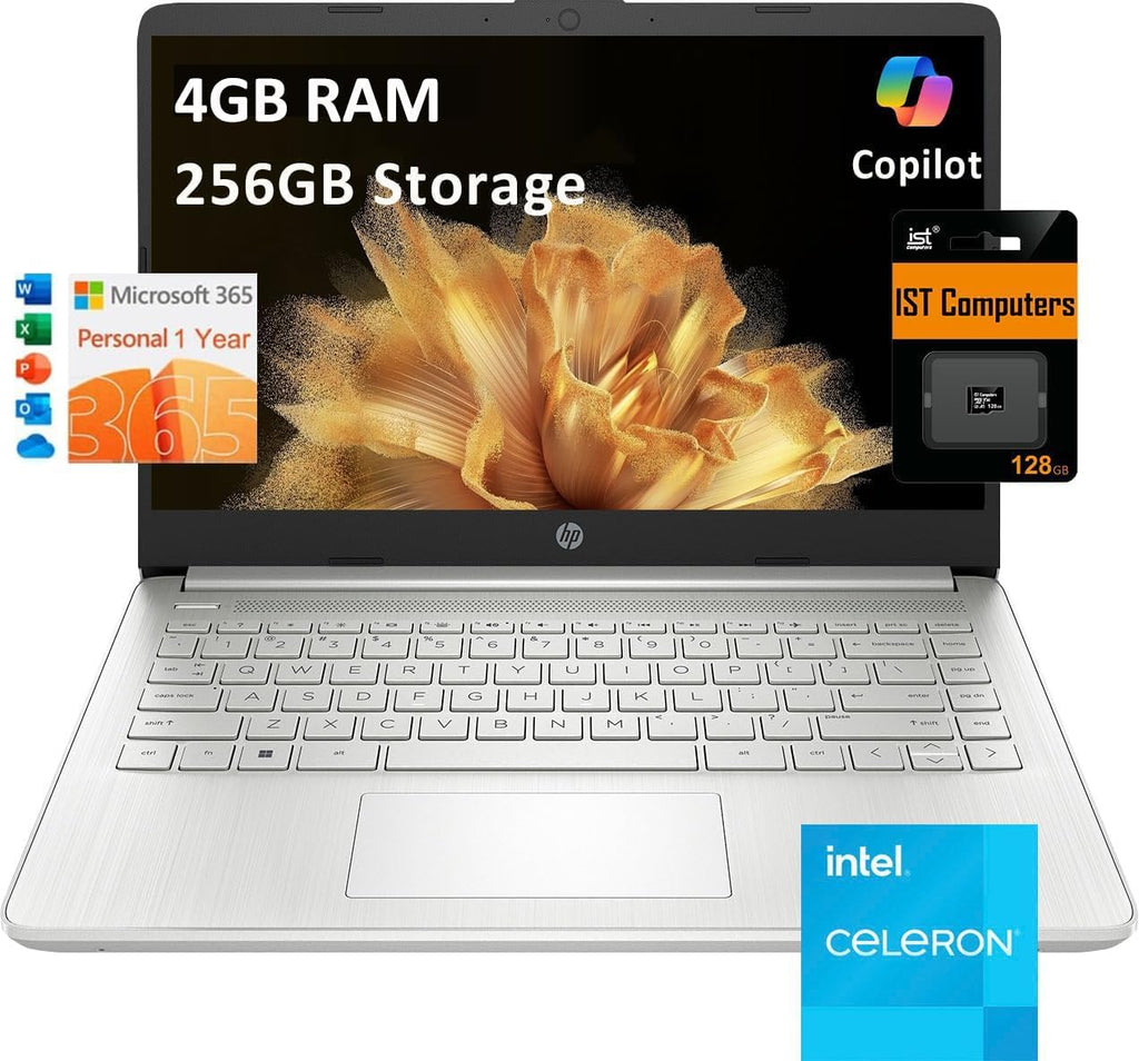 HP 14 Laptop (14' HD, Intel Celeron N4120, 4GB RAM, 256GB Storage (128GB eMMC + 128GB IST SD Card)) School & Business, 11-Hr Battery Life, 1-Year Office 365, Win 11 Home S w/AI Copilot, Silver