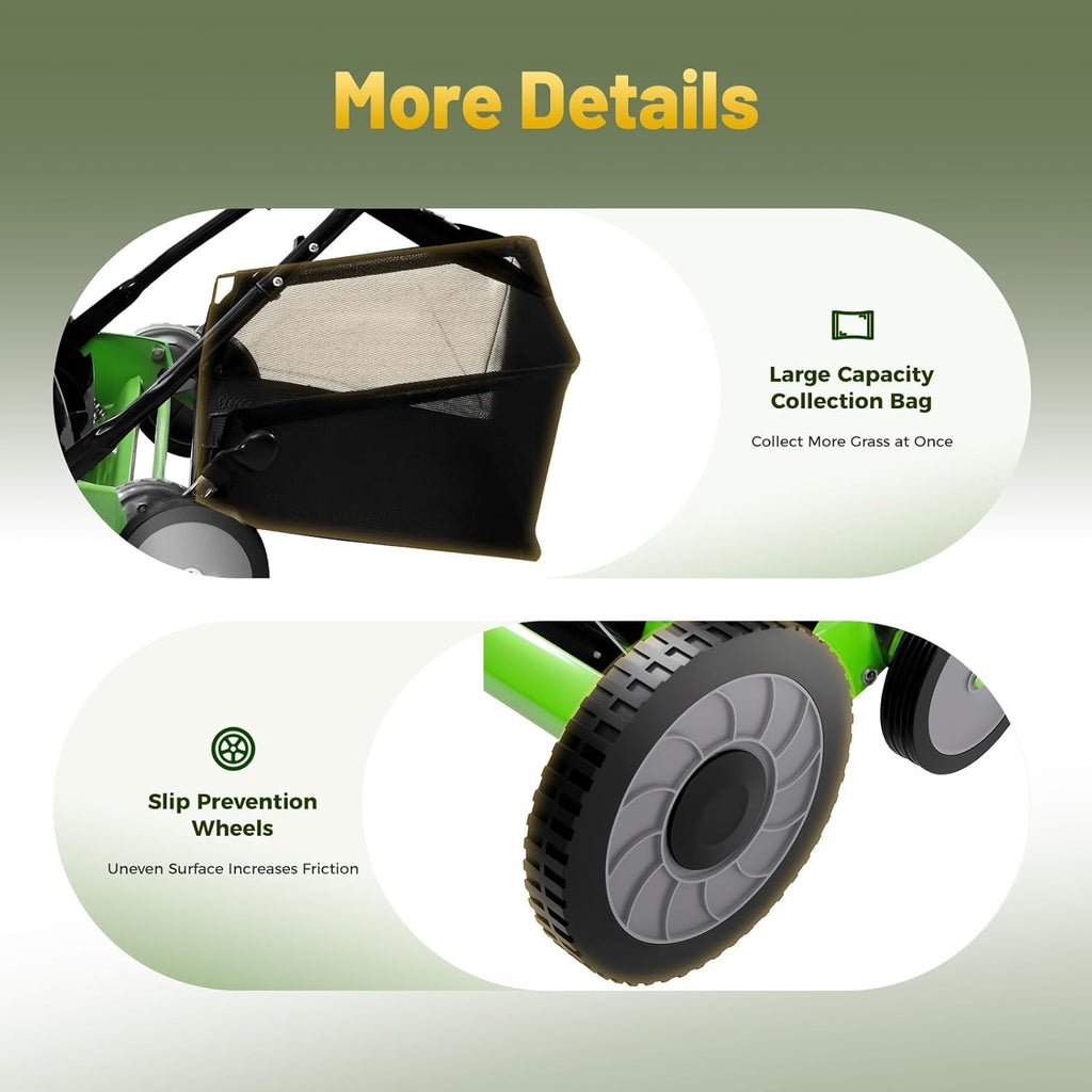 20 Inch 5-Blade Push Reel Lawn Mower, Cordless Manual Lawn Mower with Grass Catcher, Adjustable Cutting Height, Walk-Behind Lawn Mowers for Yard, Garden
