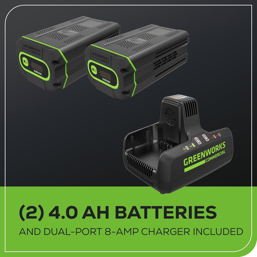 Greenworks 82V 25' Brushless (Self-Propelled) Cordless Lawn Mower, (2) 4.0Ah Batteries and Dual Port Rapid Charger (Great for Landscapers and Professionals)