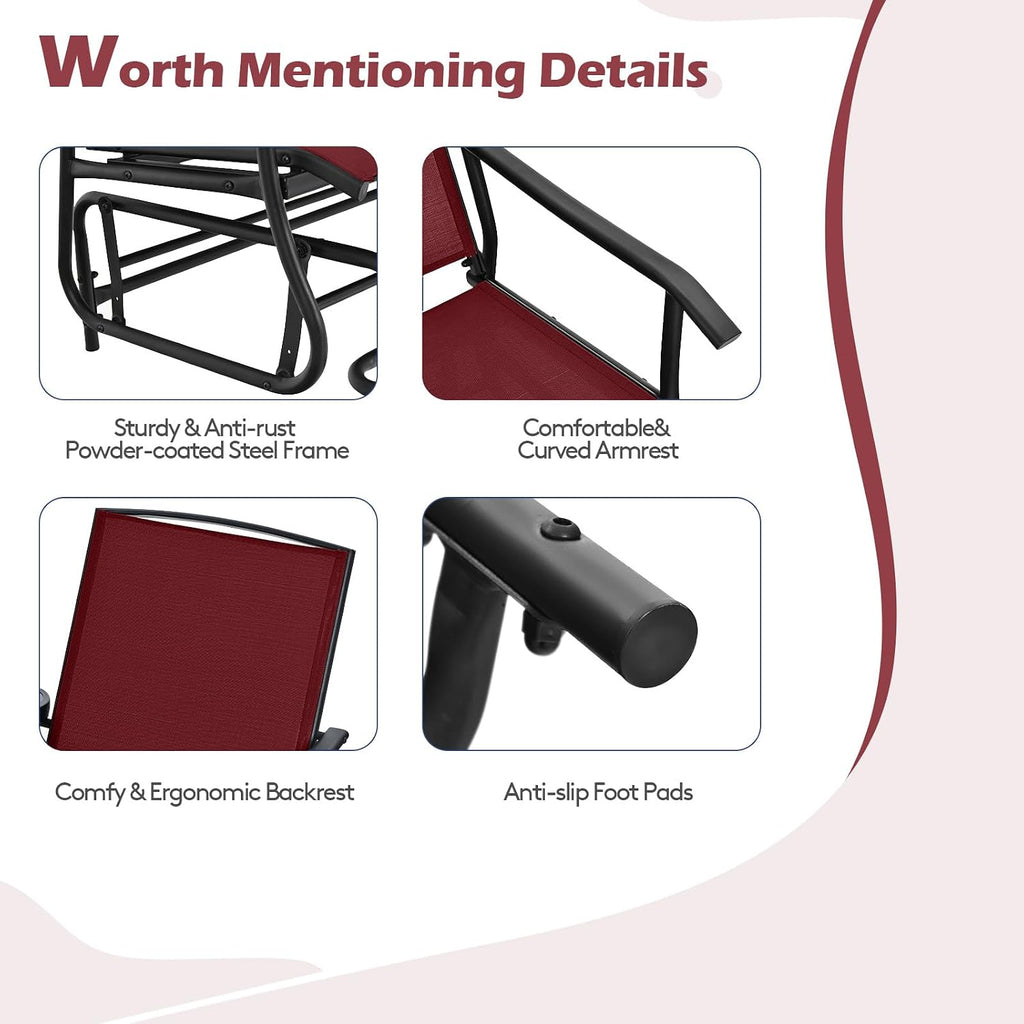 Tangkula 2 Person Swing Glider Chair, Patio Rocking Loveseat w/Center Tempered Glass Table, Outdoor Swing Bench w/Steel Frame & Breathable Mesh Fabric for Porch, Balcony, Poolside (Burgundy)