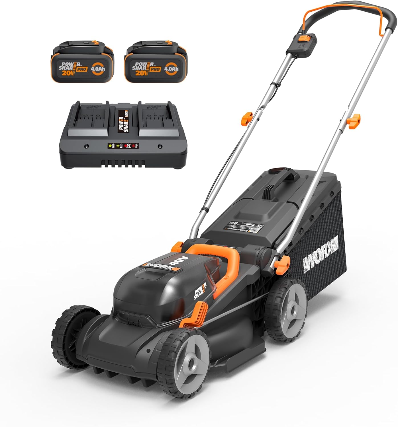 WORX Cordless Lawn Mower, 14' 40V Electric Mower with Brushless Motor, Lightweight 2 in 1 Push Lawn Mower with 6-Position Height Adjustment for Small Yards, 2 Batteries & Charger Included, WG735