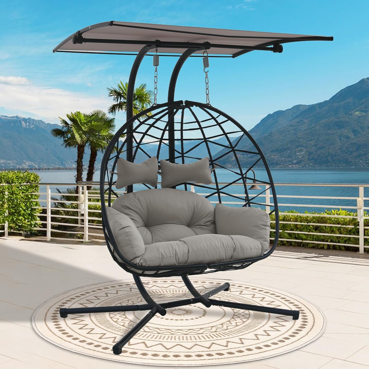 2 Person Hanging Egg Chair with Canopy, Outdoor Rattan Swing Hammock Basket Chair with Soft Cushion, Wicker Egg Chair for Outdoor Patio, Balcony, Garden (Grey)