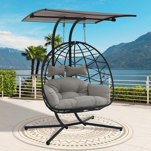 2 Person Hanging Egg Chair with Canopy, Outdoor Rattan Swing Hammock Basket Chair with Soft Cushion, Wicker Egg Chair for Outdoor Patio, Balcony, Garden (Grey)